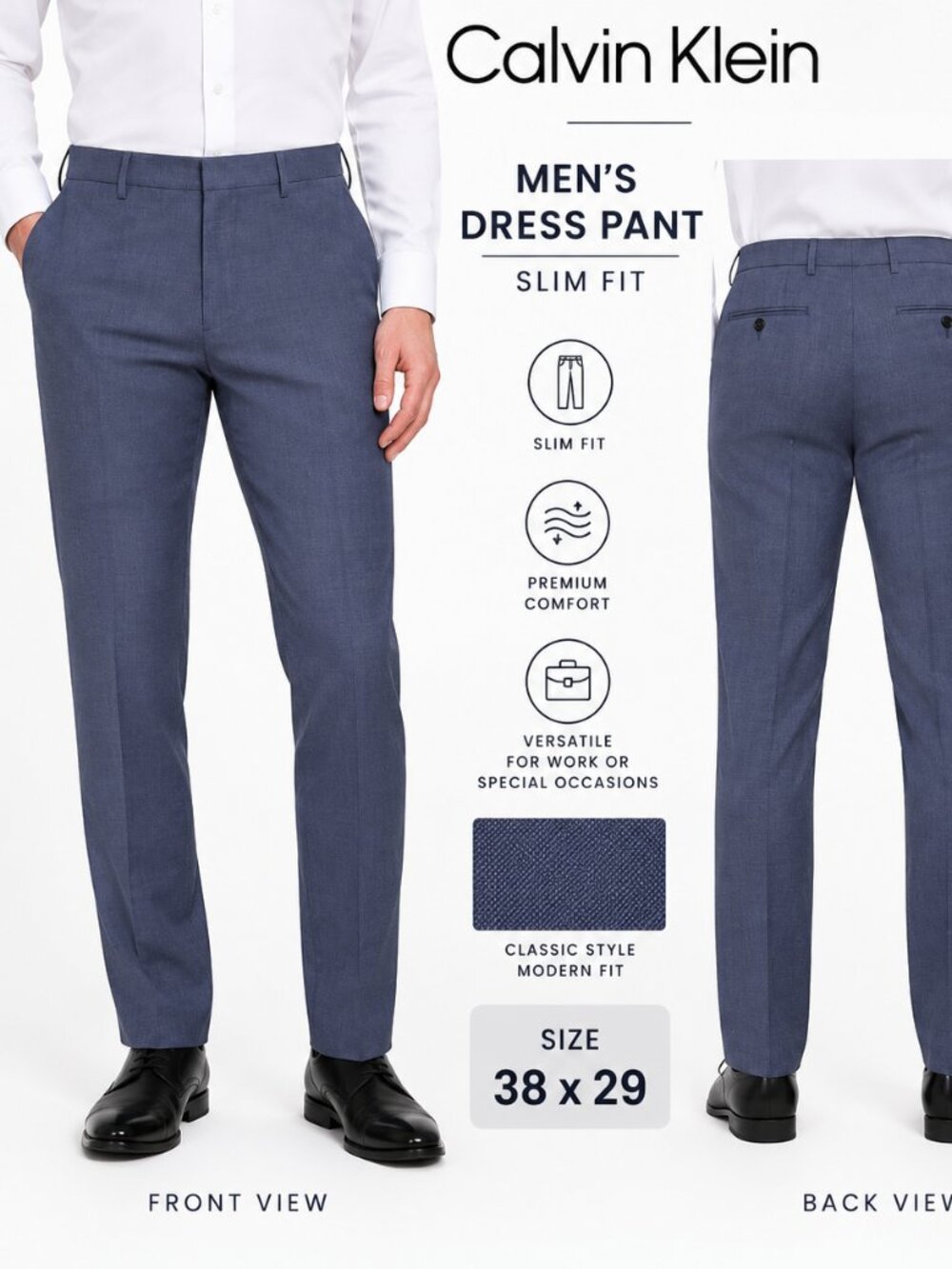 Calvin Klein Men's Slim Fit Dress Pant Flex Waistband 38X29